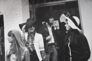 Jeni Crowley and friends outside the Apple Shop in July 1968 - waiting to be picked up to attend he Premiere of Yellow Submarine