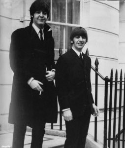 Paul and Ringo on the steps of 34 Montagu Square, waiting their ride to Buckingham Palace, to see the Queen