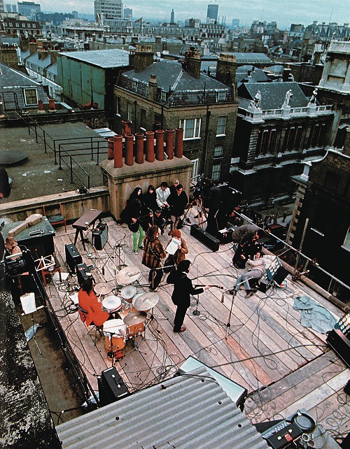 The Beatles on the roof of 3 Savile Row - looking down from above