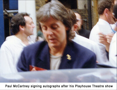 Paul McCartney outside the Playhouse Theatre in London