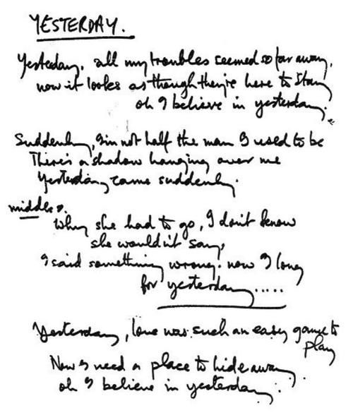 Paul McCartney's hand written lyrics of Yesterday