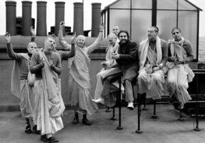 George Harrison with members of the Radha Krishna Temple on the roof of 3 Savile Row, London